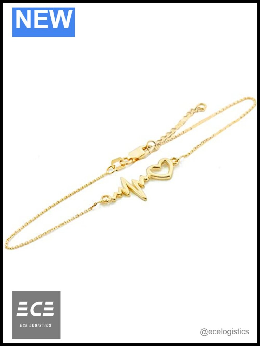 Solid 14k Gold Heartbeat Bracelet Adjustable Chain Link 7.5"